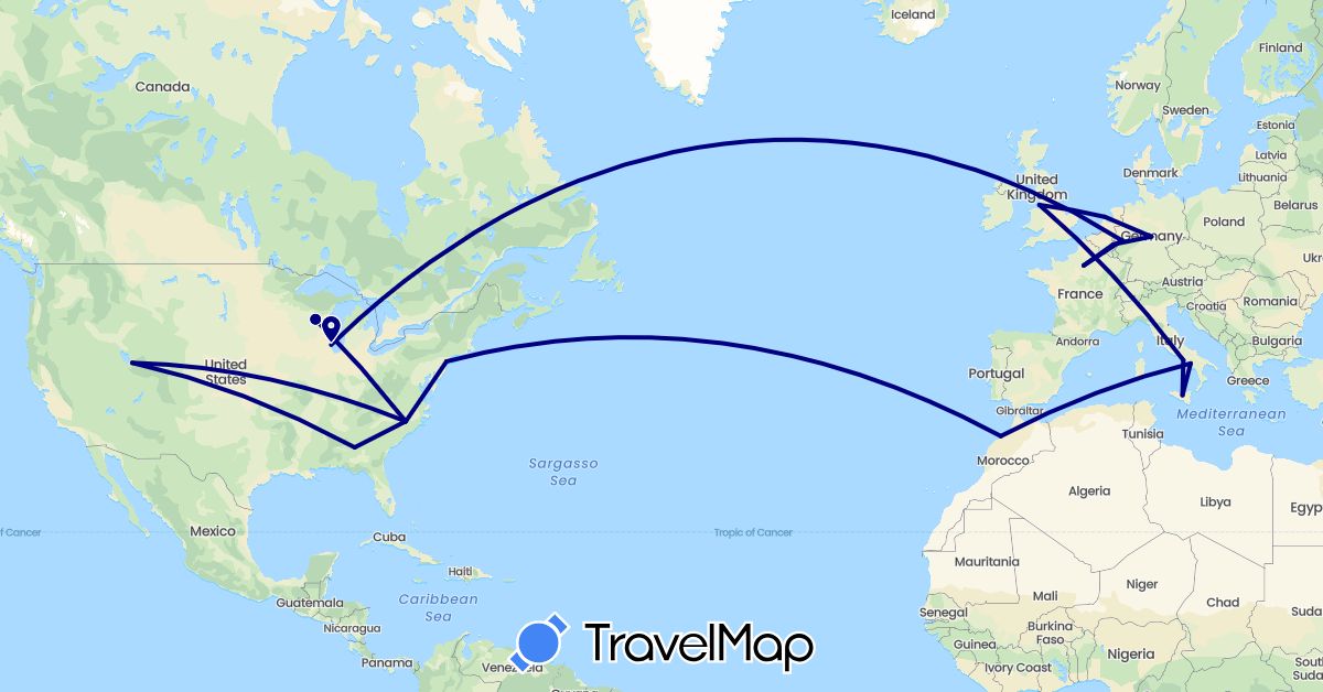 TravelMap itinerary: driving in Belgium, Germany, France, United Kingdom, Italy, Morocco, Netherlands, United States (Africa, Europe, North America)
